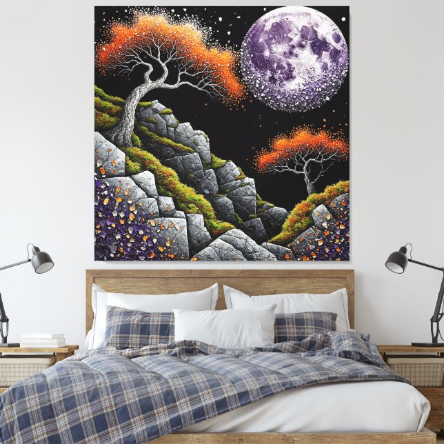 Impressão Em Tela Cena Noturna Etérea com Lua, Árvores (Insitu(Quarto))