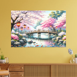 Impressão Em Tela Cenário japonês com Ponte, Koi e Sakura