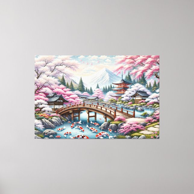 Impressão Em Tela Cenário japonês com Ponte, Koi e Sakura (Frente)