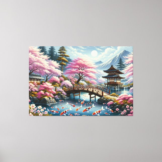 Impressão Em Tela Cenário japonês com Ponte, Koi e Sakura (Frente)