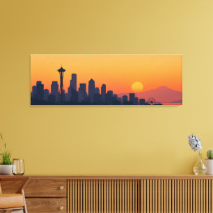 Impressão Em Tela Cenário Minimalista de Seattle ao Pôr do Sol Moder