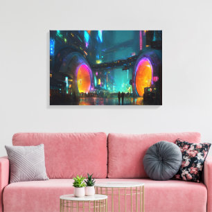 Impressão Em Tela Cenário Urbano Cyberpunk Vibrante com Arcos