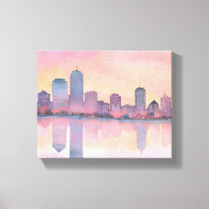 Impressão Em Tela Cenas da Cidade ao Pôr do Sol Pastel   Aquarela da
