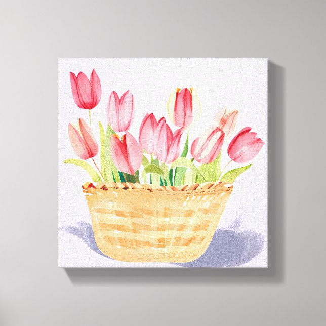 Impressão Em Tela Cesta de Tulipas | Pintura de Aquarela Floral (Frente)