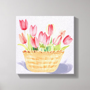 Impressão Em Tela Cesto de Tulipas Pintura em Aquarela Floral