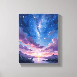 Impressão Em Tela Céu Noturno   Lago Estrelado Roxo Aquarela