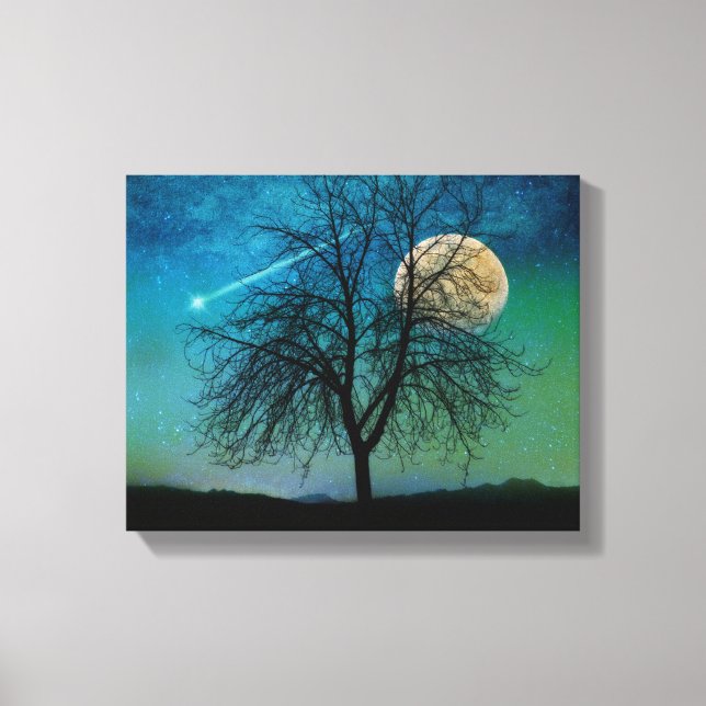 Impressão Em Tela Céu Opalescente, árvore, lua de colheita, estrela  (Frente)