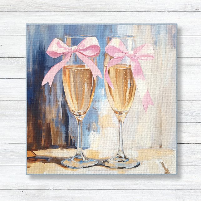 Impressão Em Tela Champagne com Laços Rosa Presente Único para Chá d (Unique Giftt for the Bride - Bridal Shower Canvas Art - Champagne Glasses Painting with Pink Bows)