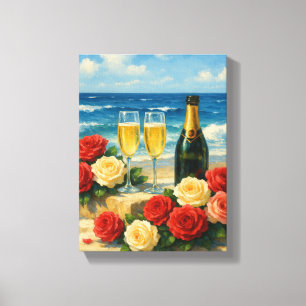 Impressão Em Tela Champagne e Rosas na Praia Romântica