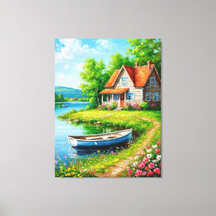 Impressão Em Tela Charmoso Chalé à Beira do Lago com um Barco