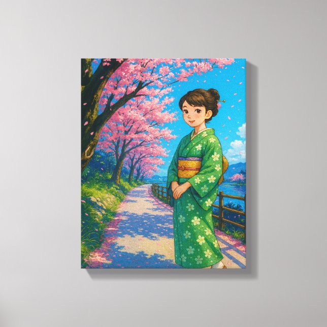 Impressão Em Tela Cherry Blossom Stroll - Kimono Girl (Frente)