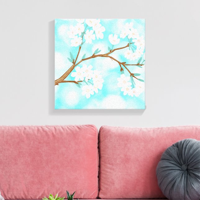 Impressão Em Tela Cherry Blossoms contra o céu azul com nuvens (Insitu(Sala de estar))
