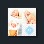 Impressão Em Tela Chevron Monograma Baby Photo Collage Art<br><div class="desc">Belo impressão de canvas de arte personalizada na parede de com 3 fotos de seu bebê recém-nascido, organizadas em uma colagem de fotos quadradas. Personalizado com o nome ou monograma do seu filho no canto inferior, em um quadro quatrefoil sobre o padrão moderno do diafrão. Adicione suas fotos da família...</div>