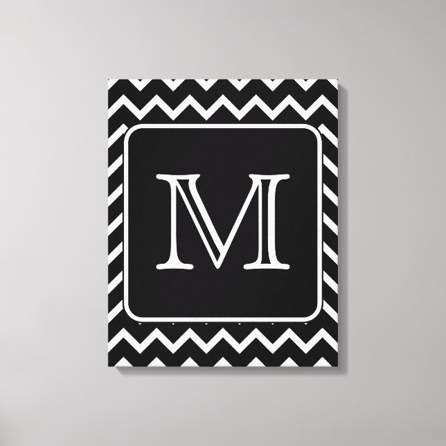 Impressão Em Tela Chevron Preto e Branco com Monograma Personalizado (Frente)