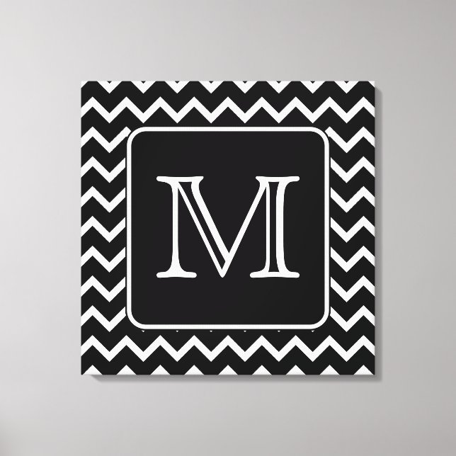 Impressão Em Tela Chevron Preto e Branco com Monograma Personalizado (Frente)