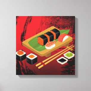 Impressão Em Tela Chic Moderno Elegante Sushi Preto e Vermelho