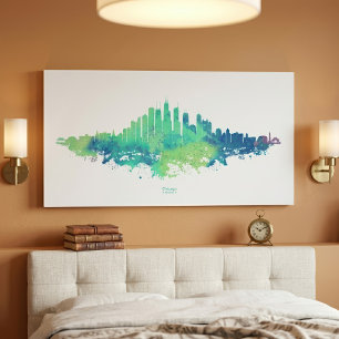 Impressão Em Tela Chicago City Skyline Watercolor em azul e verde