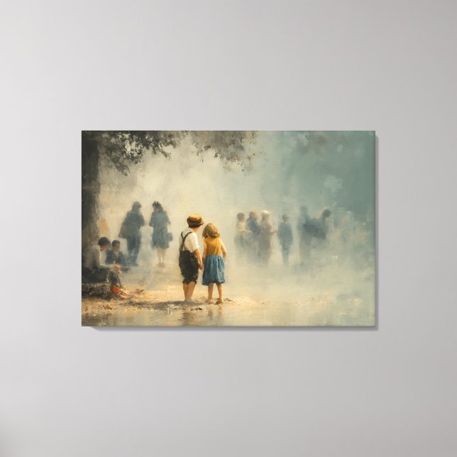 Impressão Em Tela Children in Misty Street Impressionist Scene (Frente)
