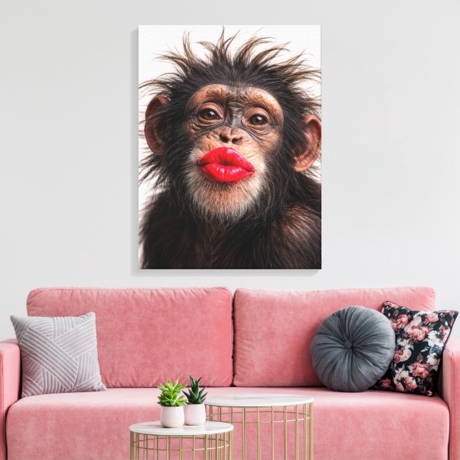 Impressão Em Tela Chimpanzé Usando Batom Vermelho (Insitu(Sala de estar))
