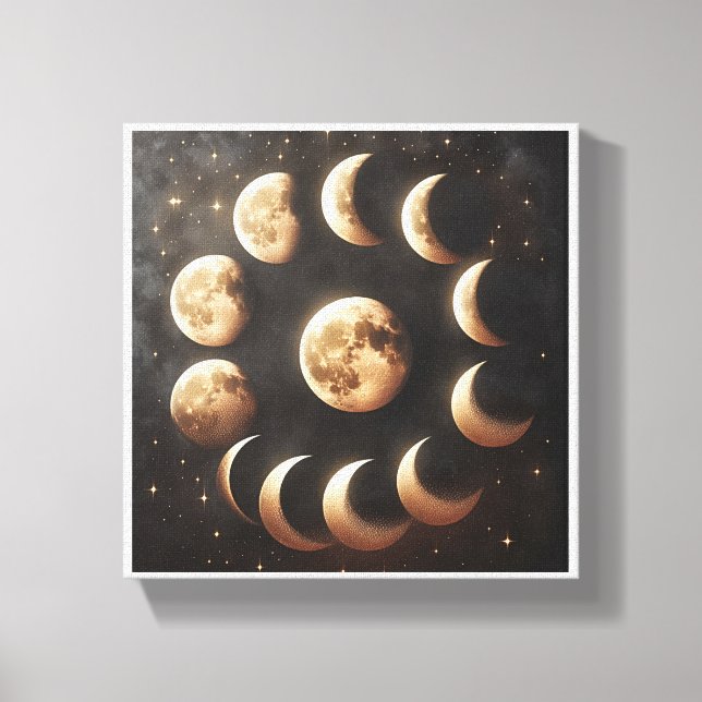 Impressão Em Tela Ciclo das Fases da Lua Celestial - Dourado Místico (Frente)