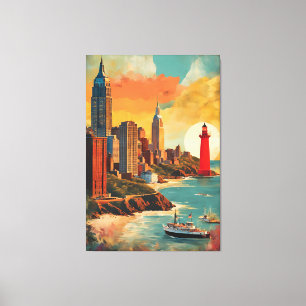 Impressão Em Tela Cidade Conhece Mar - Farol Skyline Fantasy