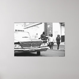 Impressão Em Tela Cidade de Pessoas de Carro Velhas, Monocromáticas,