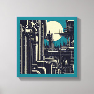 Impressão Em Tela Cidade Futurista de SF Xilogravura 2