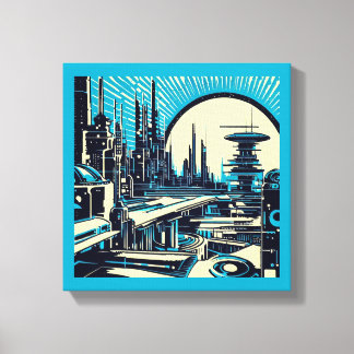 Impressão Em Tela Cidade Futurista de SF Xilogravura 3