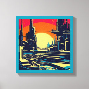 Impressão Em Tela Cidade Futurista SF Xilogravura 1