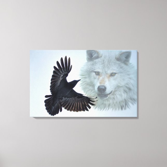 Impressão Em Tela Cinza de Arte de Lobo e Raven Negro (Frente)