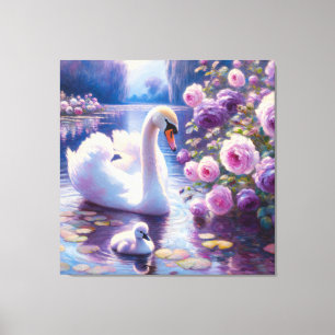 Impressão Em Tela Cisne Branco e Cygnus com Rosas Roxas