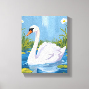Impressão Em Tela Cisne Branco   Pintura de Ave em Aquarela na Lagoa