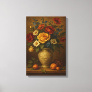 Impressão Em Tela Clássica Vida Estática Floral com Vase e Fruta