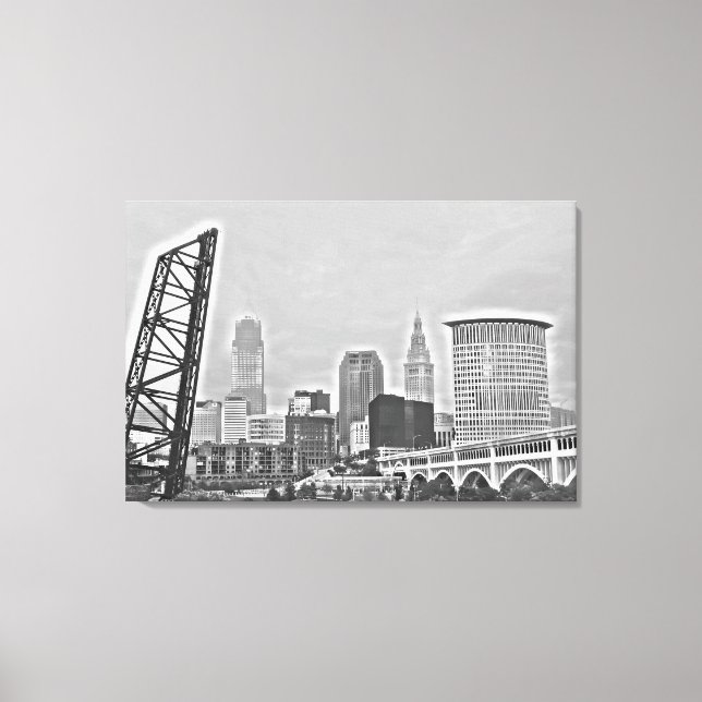 Impressão Em Tela Clássico Cleveland River View Skyline (Frente)