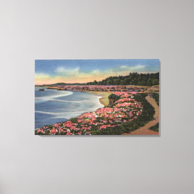 Impressão Em Tela Cliff Drive View of Ocean, Beach, & Flowers (Frente)