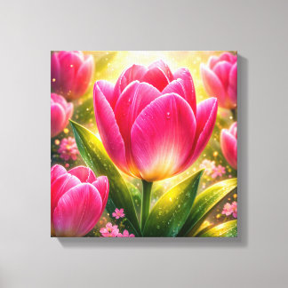 Impressão Em Tela Close-up de Tulipas Rosas com Brilho de Orvalho e 