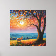 coelho num campo com árvore e pôr do sol