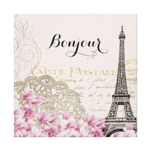 Impressão Em Tela Colagem da torre Eiffel do vintage de Bonjour com