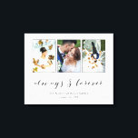 Impressão Em Tela Colagem de Fotografias de Casamento para Sempre<br><div class="desc">Linda tela de tela com uma colagem de fotos de casamento com três de suas fotos,  dentro,  cinza fina,  em um impressão branco. Sempre e para sempre escrito em um maravilhoso roteiro de caligrafia de cinzas escuras. Personalize com três fotos de casamento,  seus nomes e data de casamento!</div>