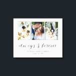Impressão Em Tela Colagem de Fotografias de Casamento para Sempre<br><div class="desc">Linda tela de tela com uma colagem de fotos de casamento com três de suas fotos,  dentro,  cinza fina,  em um impressão branco. Sempre e para sempre escrito em um maravilhoso roteiro de caligrafia de cinzas escuras. Personalize com três fotos de casamento,  seus nomes e data de casamento!</div>