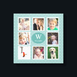 Impressão Em Tela Colagem de Fotos 8 Fotos Teal<br><div class="desc">Esta canvas quadrada é uma forma perfeita de mostrar as suas fotos familiares favoritas. O design oferece oito quadros fotográficos e um botão,  no meio da colagem,  contém um monograma e texto personalizado para o nome da sua família. O fundo é uma cor clara com um padrão oval.</div>