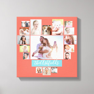 Impressão Em Tela Colagem de Fotos da Família Coral 17 Imagens Nome