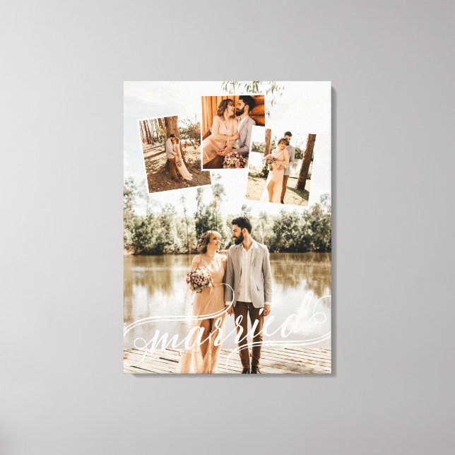 Impressão Em Tela Colagem de Fotos de Casamento Swirly Script Casada (Frente)