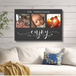 Impressão Em Tela Colagem de Fotos Moderna Aproveite as Pequenas Coi<br><div class="desc">Esta surpreendente canvas de arte mostra uma bela colagem de fotos com três quadros mostrando memórias queridas, adoradas com a mensagem sentida, "Aproveite as Coisas Pequenas." O elegante design preto-e-branco, combinado com um belo roteiro e a tipografia do impressão, cria uma peça sofisticada e duradoura que complementará qualquer estilo interior....</div>