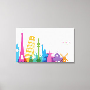 Impressão Em Tela Colagem do Pastel dos monumentos do mundo