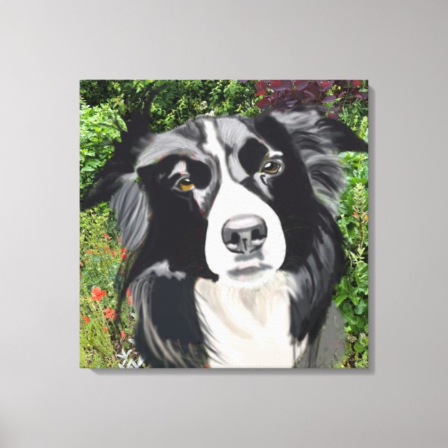 Impressão Em Tela Collie Preto e Branco contra Flores (Frente)