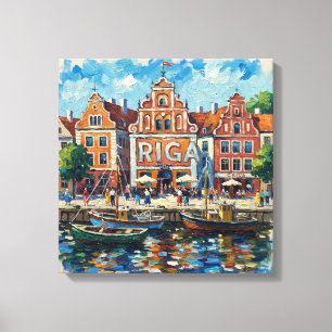 Impressão Em Tela Colorida Paisagem Urbana da Margem do Rio em Riga