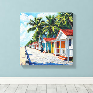 Impressão Em Tela Coloridas Cabines de Praia Tropicais Vibrantes