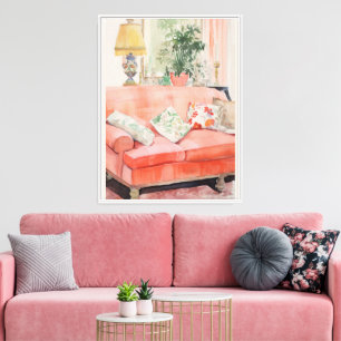 Impressão Em Tela Conforto Rosado – Sofá Rosa Aquarela Sala de Estar