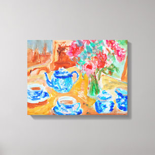 Impressão Em Tela Conjunto de Chá Azul com Flores Vermelhas